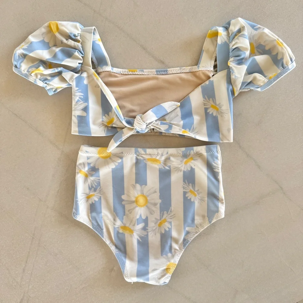 Shade Critters Blue White Daisy Stripe Puff Sleeve High Waist Bikini Girls 3T